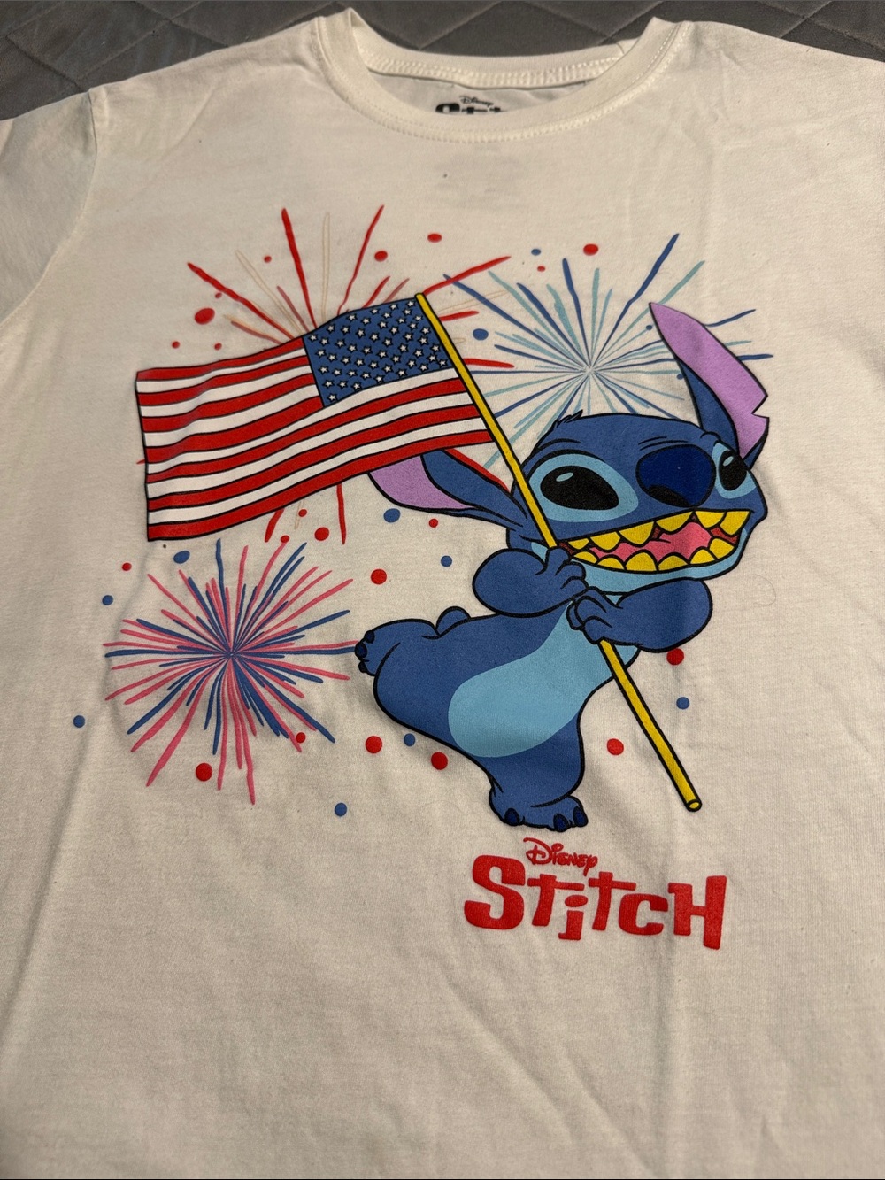 Disney White Tee with Blue Stitch Holding American Flag and Fireworks (medium) - Picture 2 of 6